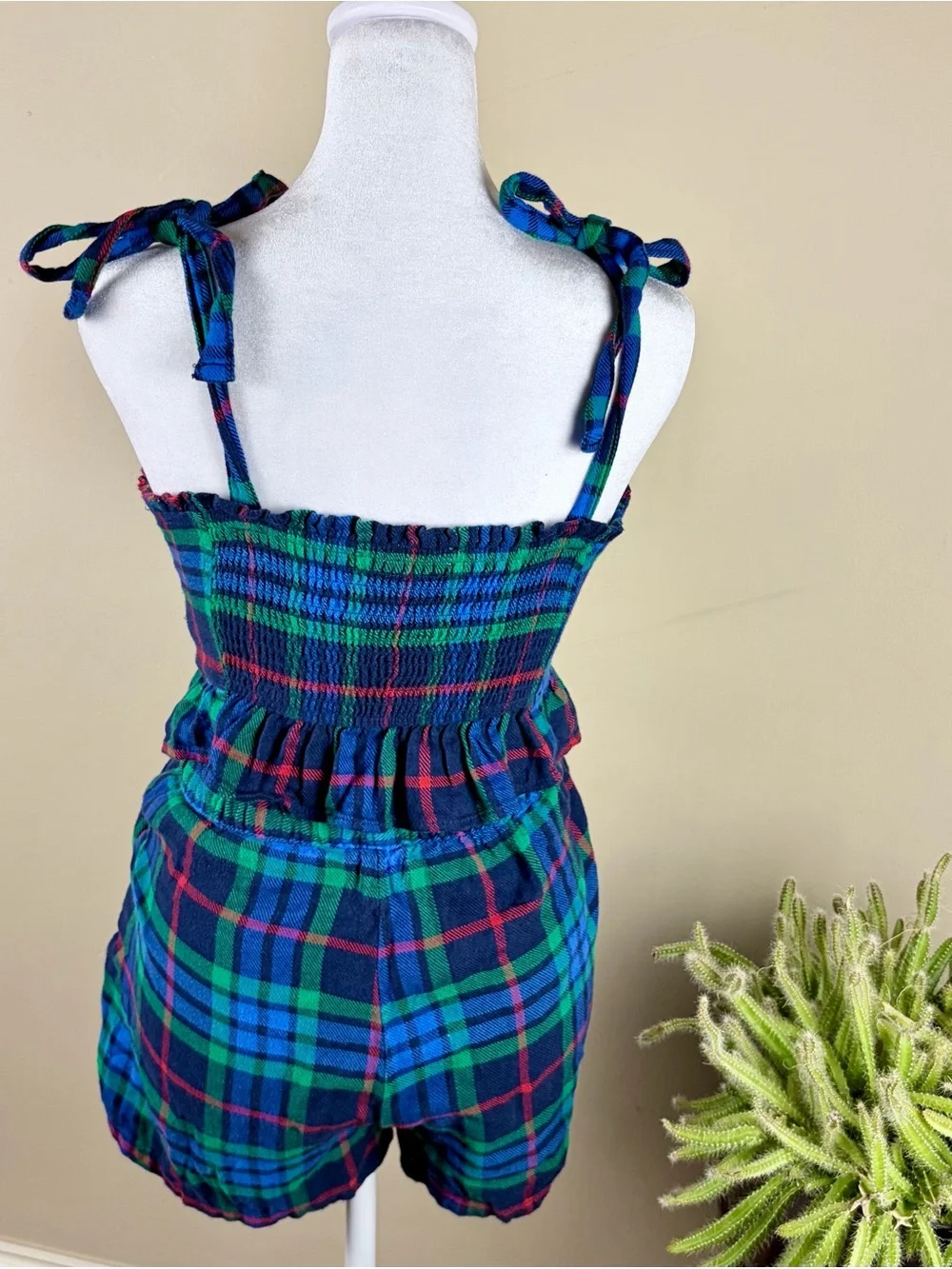 Aerie Plaid Flannel 2 Piece Lounge Set Size XS Ruffle Tank and Boxers Coquette